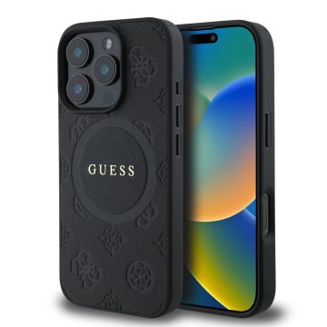   Apple iPhone 16 Pro Guess (GUHMP16LPSAPSMEK) Saffiano Peony Classic Logo MagSafe hátlapi tok, Fekete