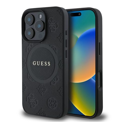 Apple iPhone 16 Pro Guess (GUHMP16LPSAPSMEK) Saffiano Peony Classic Logo MagSafe hátlapi tok, Fekete